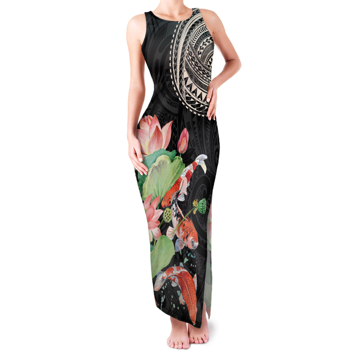 Personalized Japanese Koi Fish Family Matching Tank Maxi Dress and Hawaiian Shirt with Polynesian Pattern LT9 Mom's Dress Black - Polynesian Pride