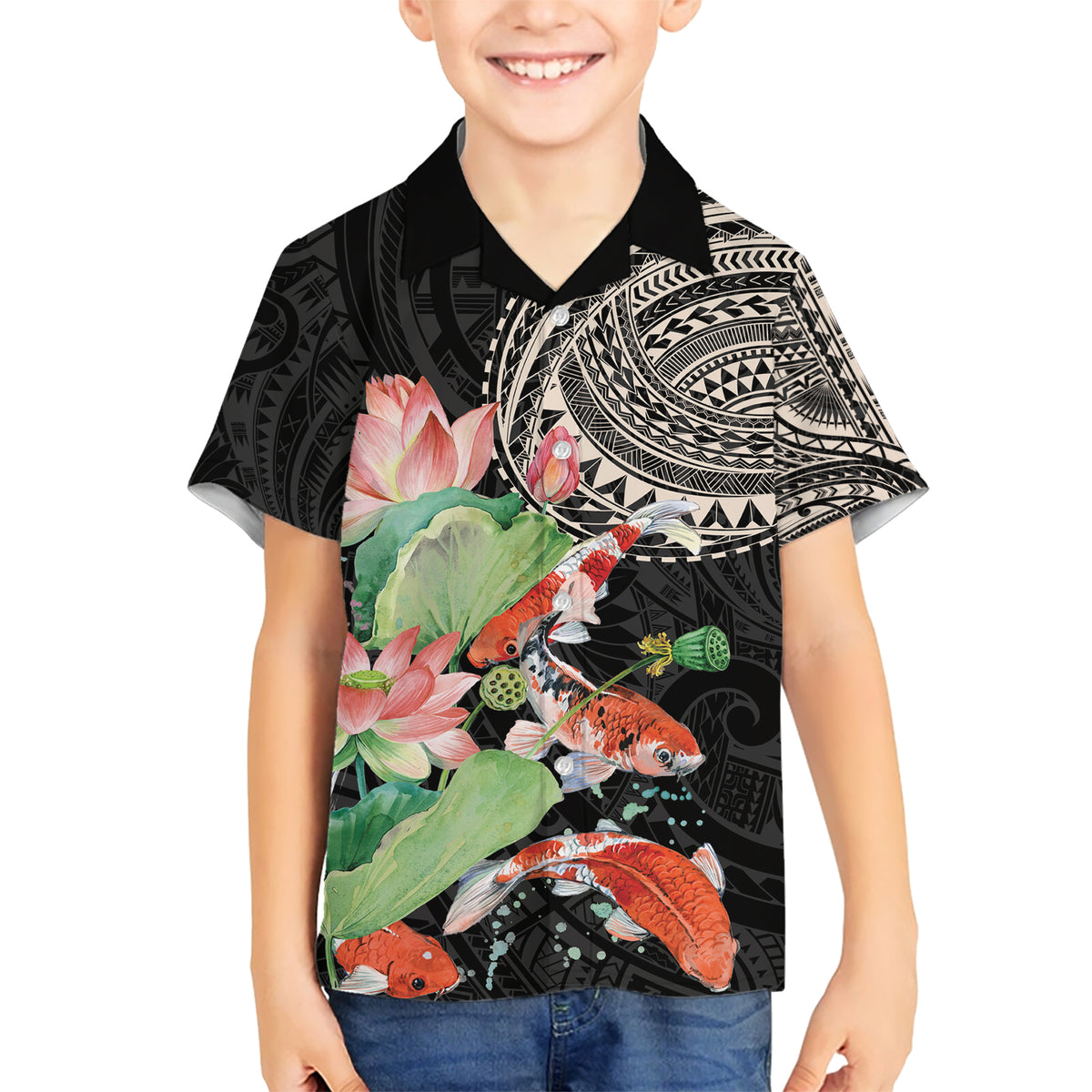 Personalized Japanese Koi Fish Kid Hawaiian Shirt with Polynesian Pattern LT9 Kid Black - Polynesian Pride