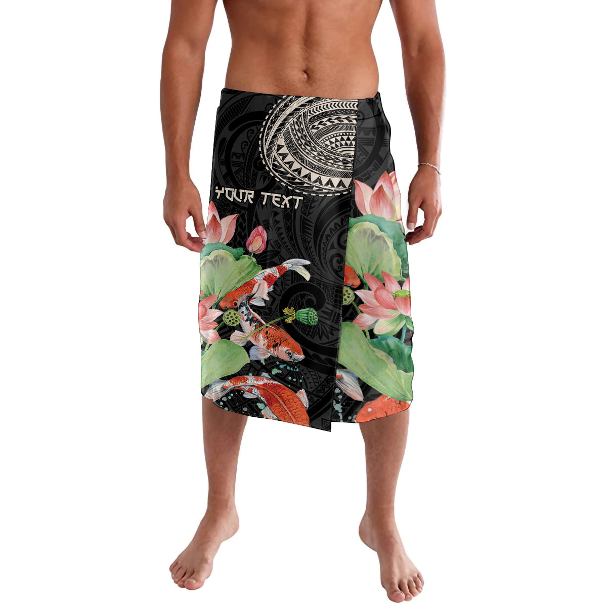 Personalized Japanese Koi Fish Lavalava with Polynesian Pattern LT9 Black - Polynesian Pride
