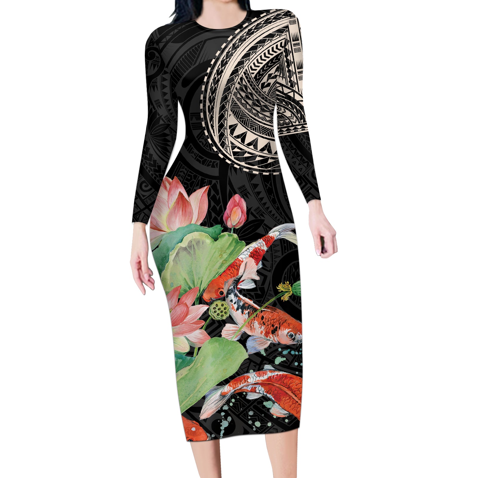 Personalized Japanese Koi Fish Long Sleeve Bodycon Dress with Polynesian Pattern