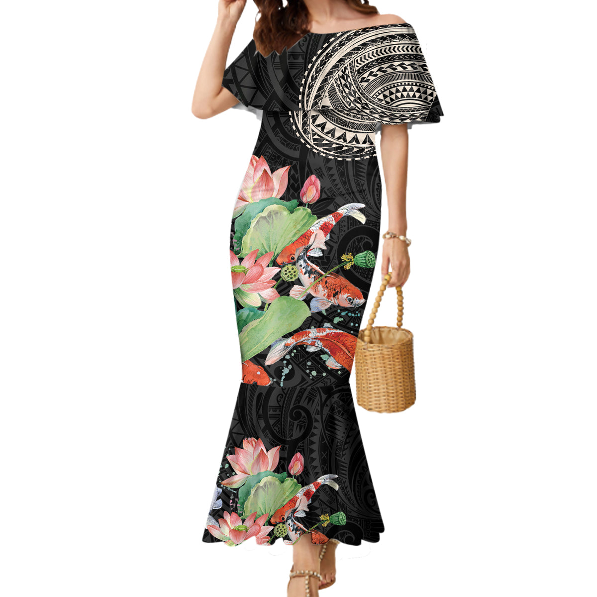 Personalized Japanese Koi Fish Mermaid Dress with Polynesian Pattern