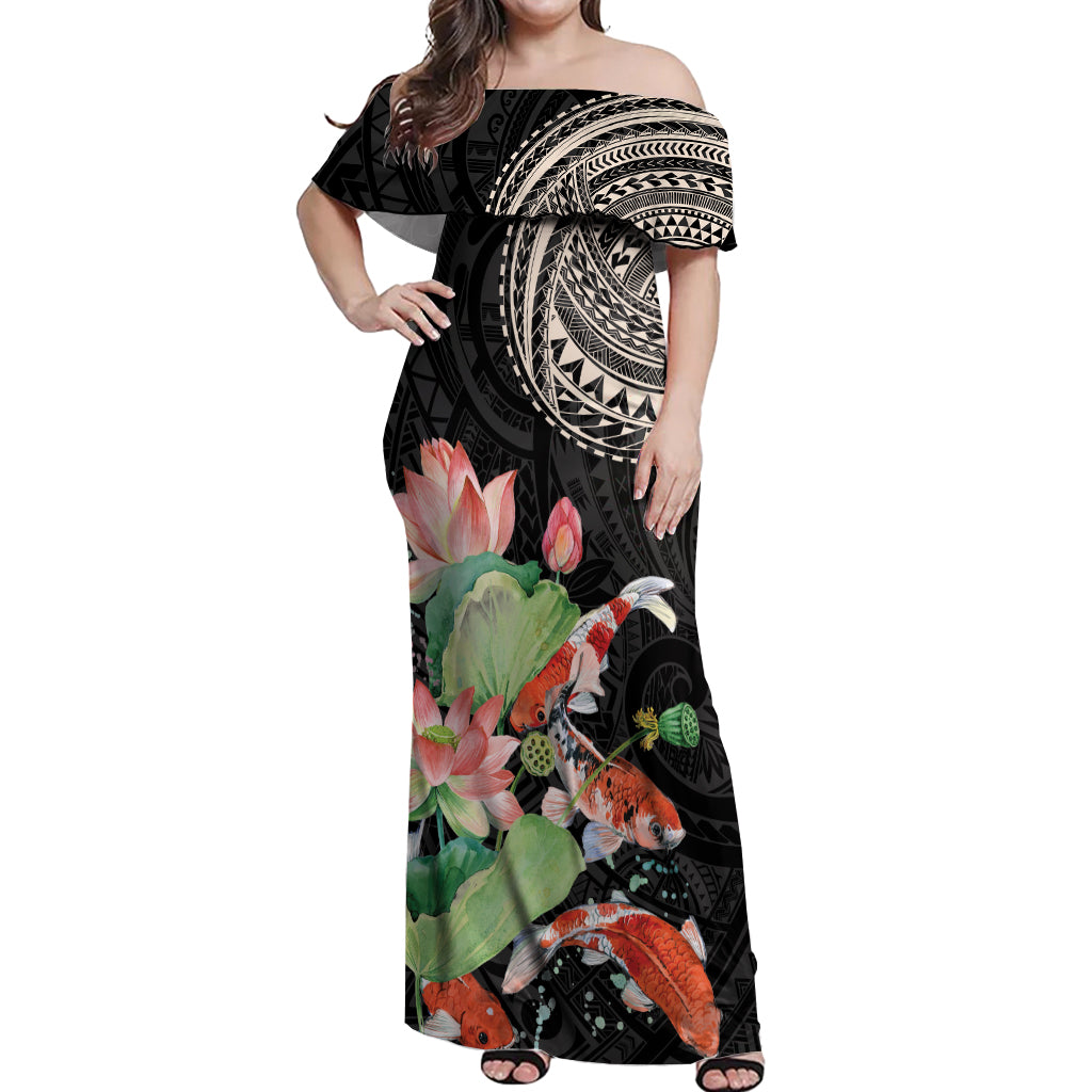 Personalized Japanese Koi Fish Off Shoulder Maxi Dress with Polynesian Pattern LT9 Women Black - Polynesian Pride