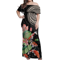 Personalized Japanese Koi Fish Off Shoulder Maxi Dress with Polynesian Pattern LT9 Women Black - Polynesian Pride
