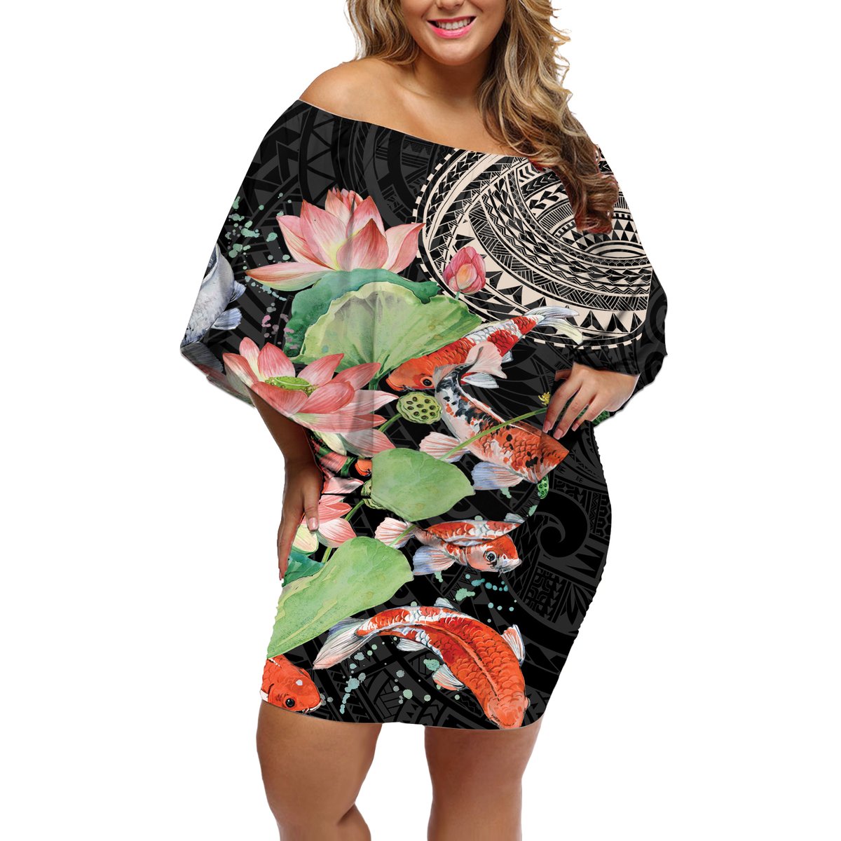 Personalized Japanese Koi Fish Off Shoulder Short Dress with Polynesian Pattern LT9 Women Black - Polynesian Pride