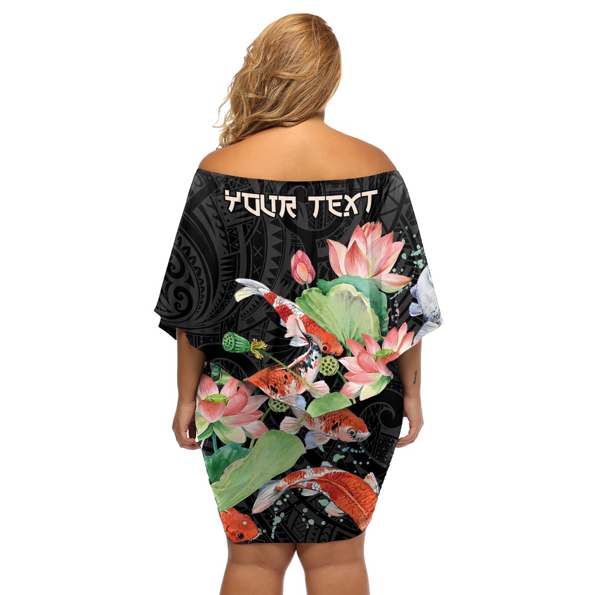 Personalized Japanese Koi Fish Off Shoulder Short Dress with Polynesian Pattern LT9 - Polynesian Pride