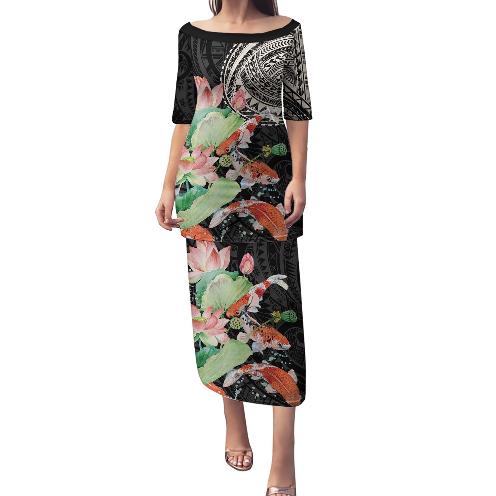 Personalized Japanese Koi Fish Puletasi with Polynesian Pattern LT9 Long Dress Black - Polynesian Pride