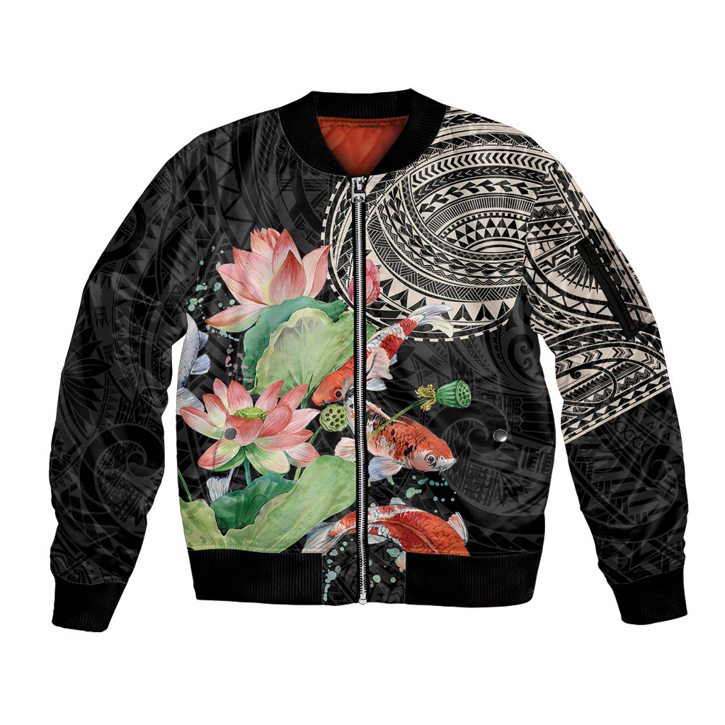Personalized Japanese Koi Fish Sleeve Zip Bomber Jacket with Polynesian Pattern LT9 Unisex Black - Polynesian Pride