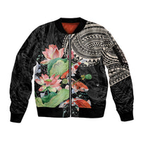 Personalized Japanese Koi Fish Sleeve Zip Bomber Jacket with Polynesian Pattern LT9 Unisex Black - Polynesian Pride