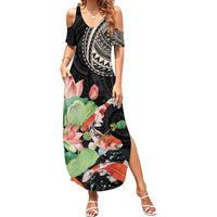 Personalized Japanese Koi Fish Summer Maxi Dress with Polynesian Pattern LT9 Women Black - Polynesian Pride