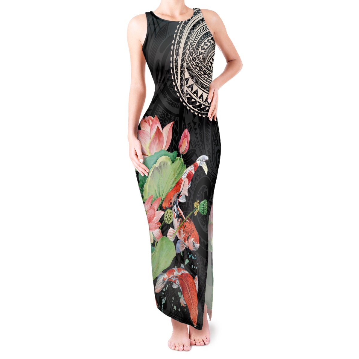 Personalized Japanese Koi Fish Tank Maxi Dress with Polynesian Pattern LT9 Women Black - Polynesian Pride