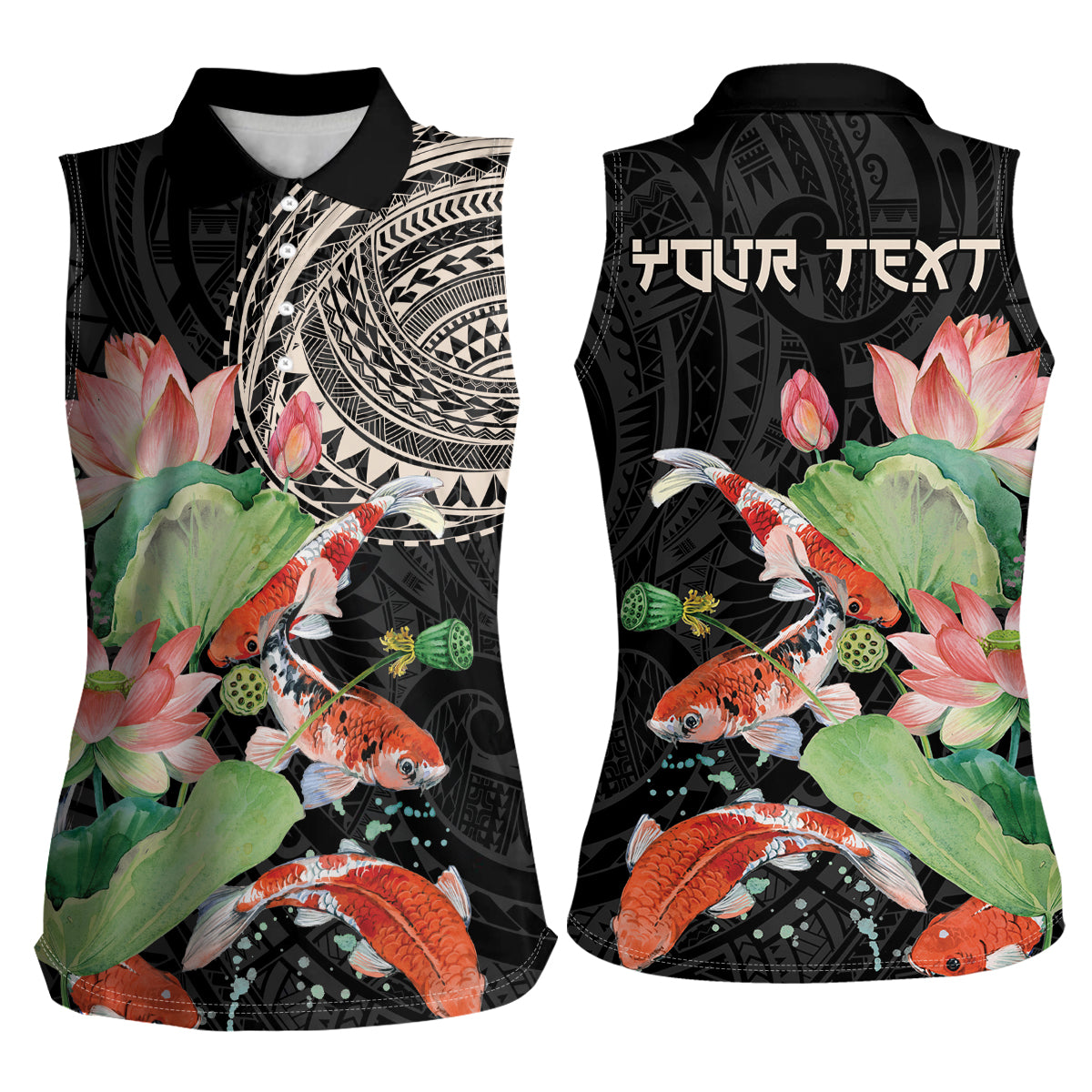 Personalized Japanese Koi Fish Women Sleeveless Polo Shirt with Polynesian Pattern