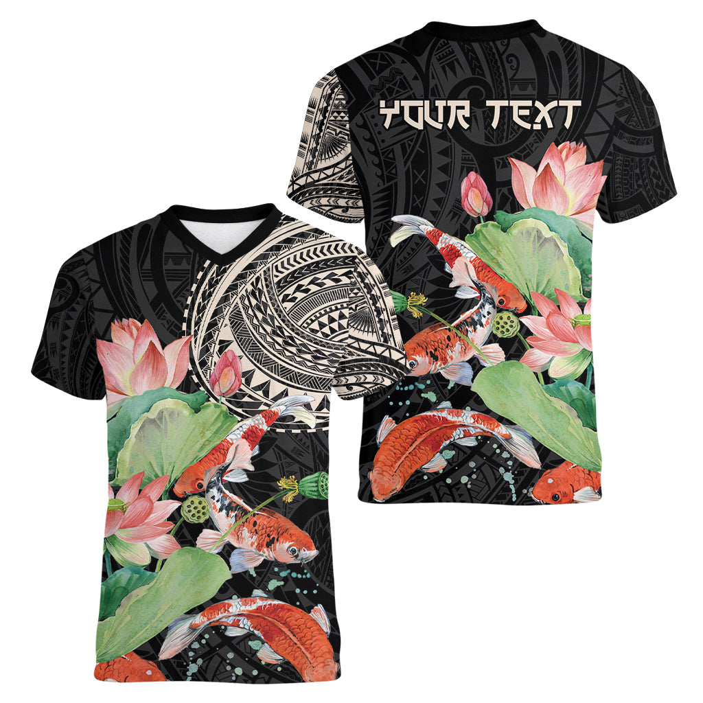 Personalized Japanese Koi Fish Women V-Neck T-Shirt with Polynesian Pattern