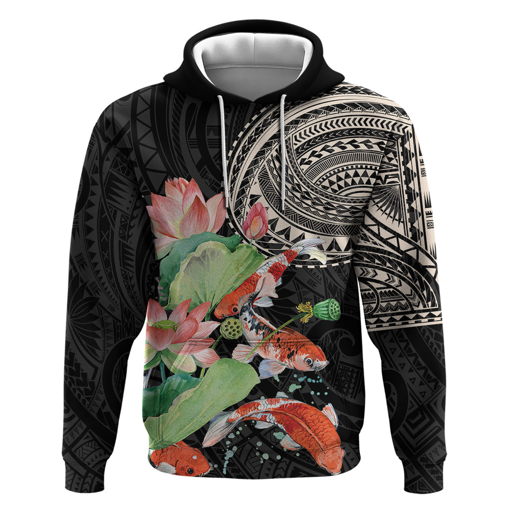 Personalized Japanese Koi Fish Zip Hoodie with Polynesian Pattern