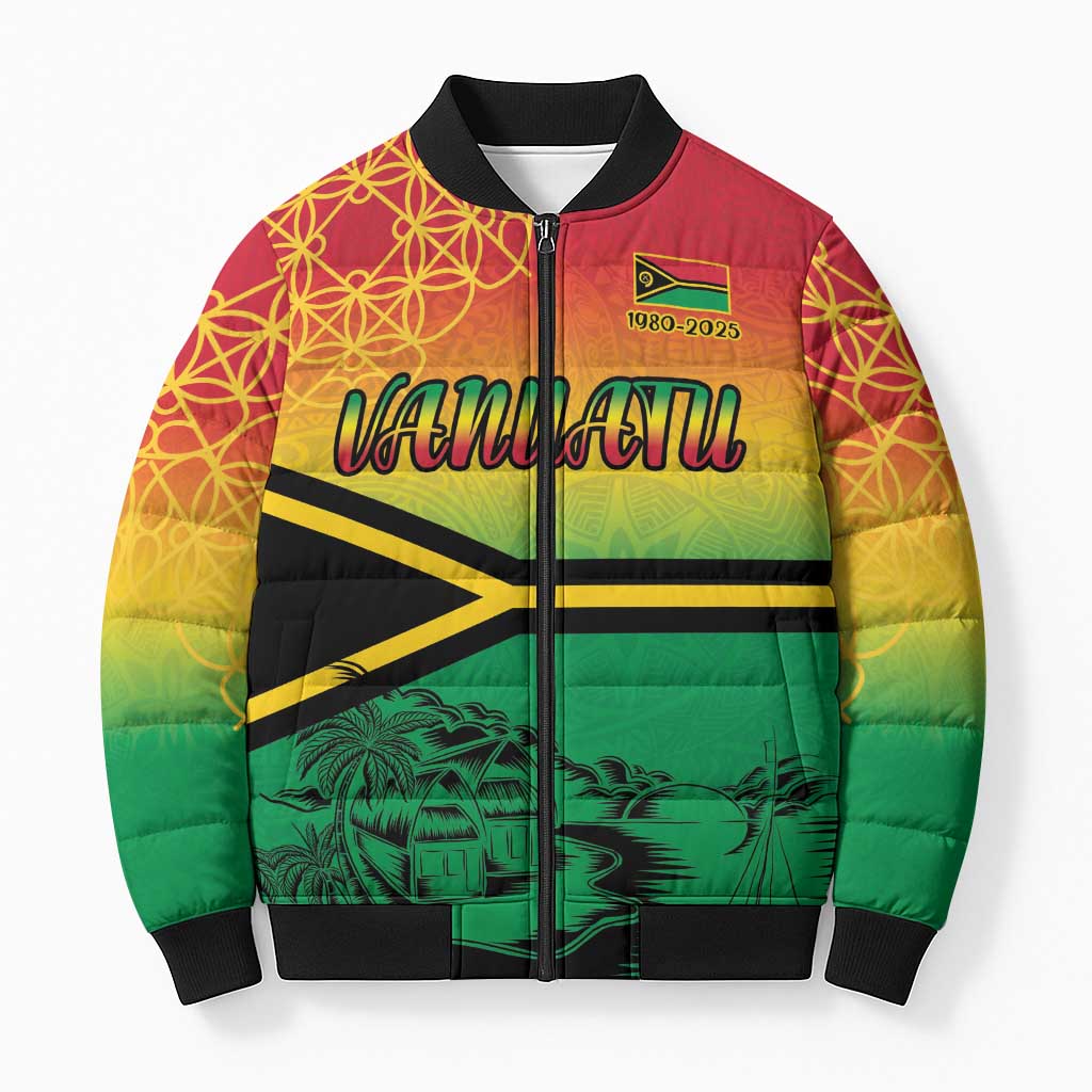 Hapi 45th Indipendens Dei Vanuatu Bomber Puffer Jacket Yumi 1980 with Vanuatuan Beach Landscape LT9 Unisex Red - Polynesian Pride