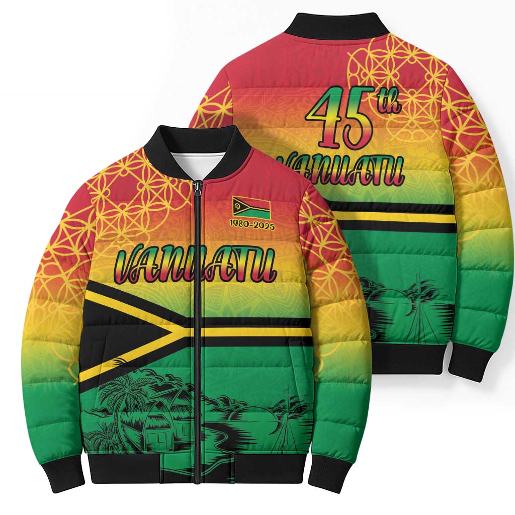 Hapi 45th Indipendens Dei Vanuatu Bomber Puffer Jacket Yumi 1980 with Vanuatuan Beach Landscape LT9 - Polynesian Pride