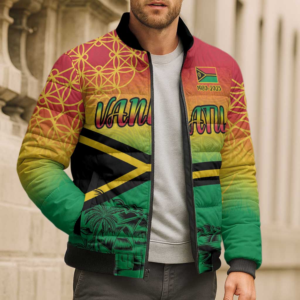 Hapi 45th Indipendens Dei Vanuatu Bomber Puffer Jacket Yumi 1980 with Vanuatuan Beach Landscape LT9 - Polynesian Pride