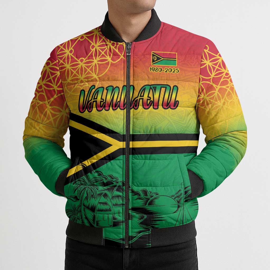 Hapi 45th Indipendens Dei Vanuatu Bomber Puffer Jacket Yumi 1980 with Vanuatuan Beach Landscape LT9 - Polynesian Pride