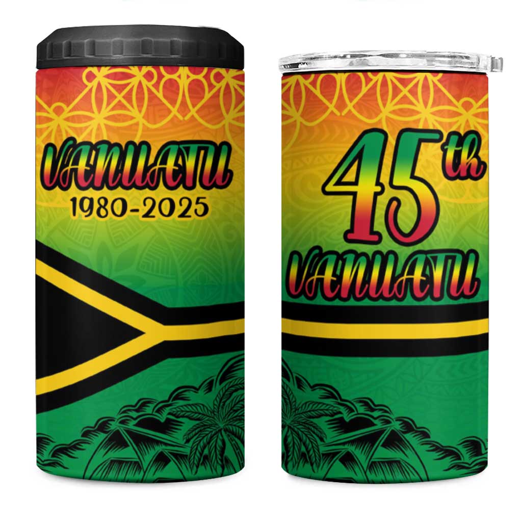 Hapi 45th Indipendens Dei Vanuatu 4 in 1 Can Cooler Tumbler Yumi 1980 with Vanuatuan Beach Landscape