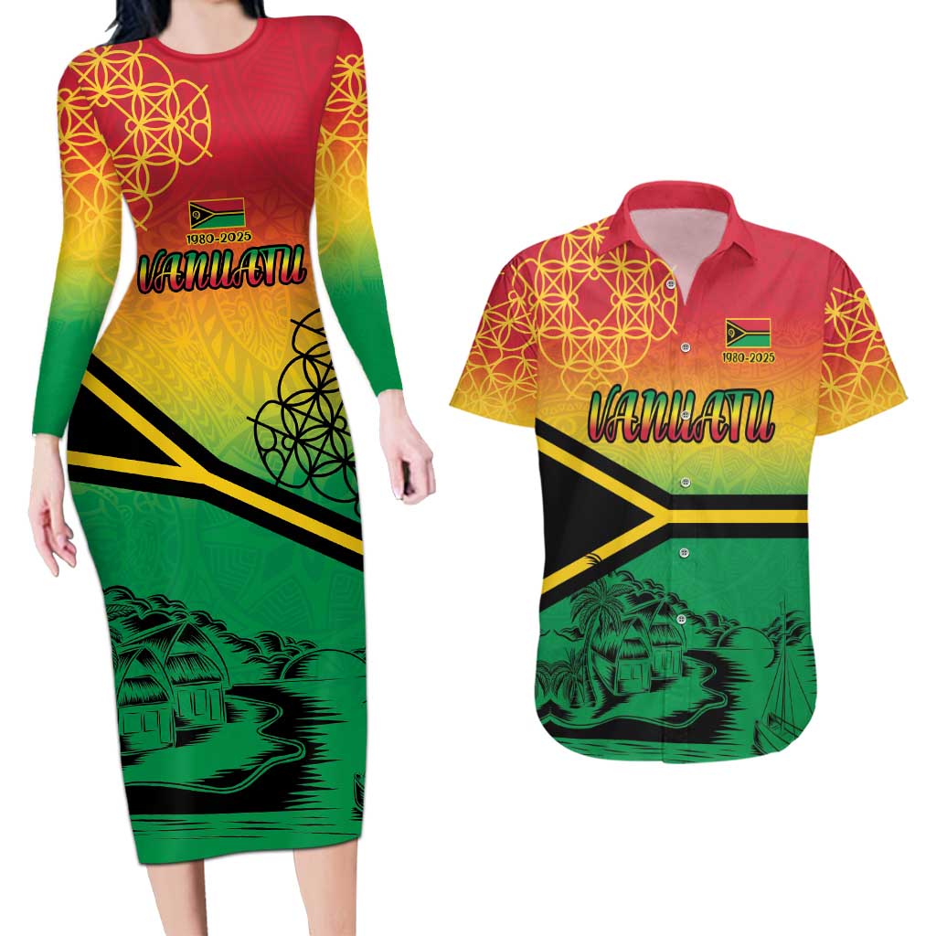 Hapi 45th Indipendens Dei Vanuatu Couples Matching Long Sleeve Bodycon Dress and Hawaiian Shirt Yumi 1980 with Vanuatuan Beach Landscape