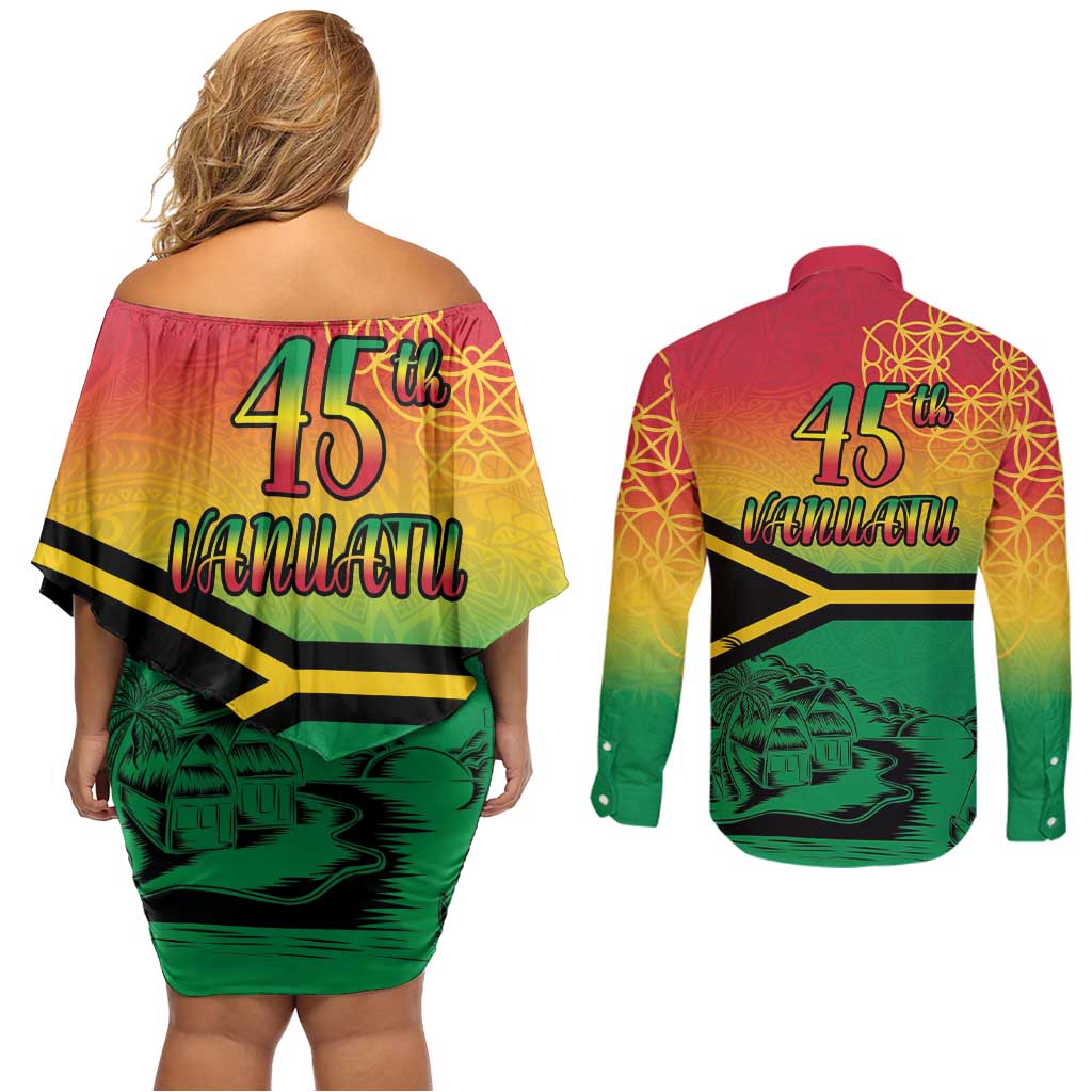 Hapi 45th Indipendens Dei Vanuatu Couples Matching Off Shoulder Short Dress and Long Sleeve Button Shirt Yumi 1980 with Vanuatuan Beach Landscape