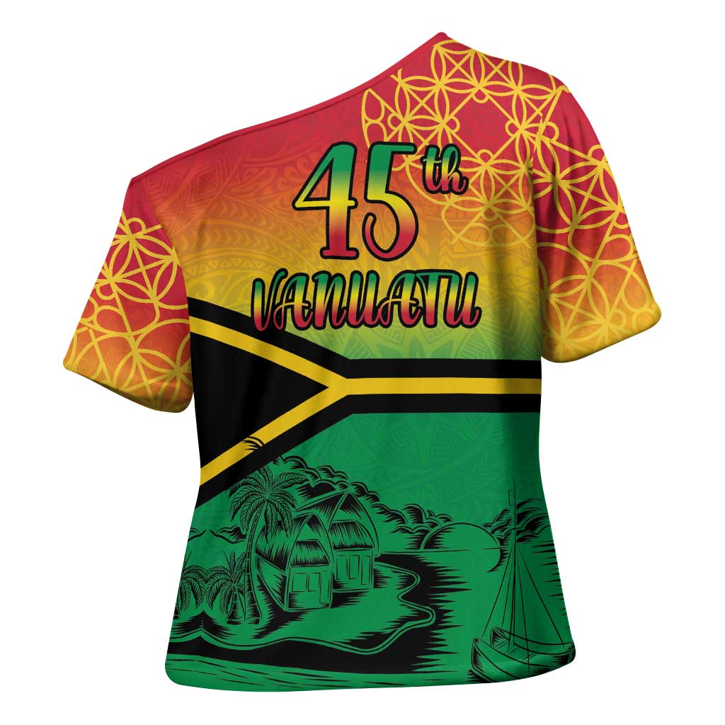Hapi 45th Indipendens Dei Vanuatu Cross Shoulder Shirt Yumi 1980 with Vanuatuan Beach Landscape LT9 - Polynesian Pride