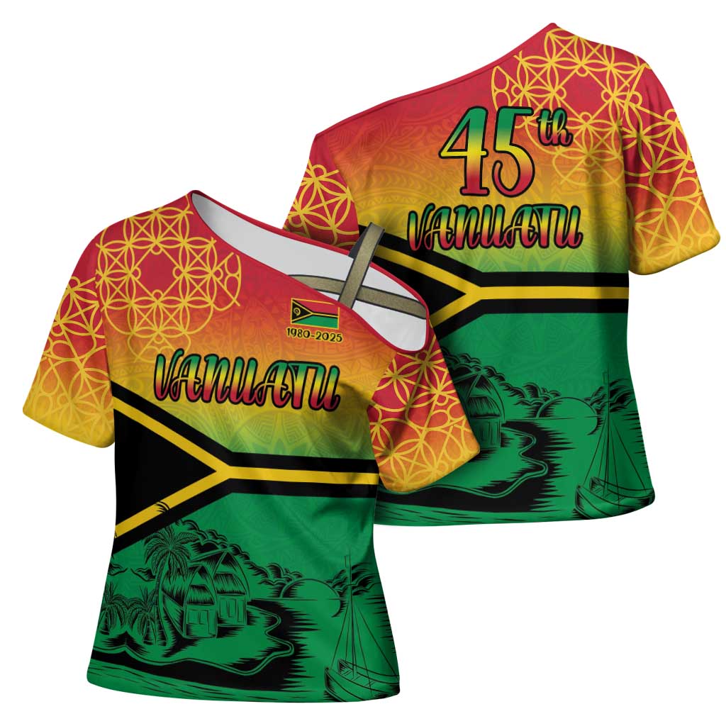 Hapi 45th Indipendens Dei Vanuatu Cross Shoulder Shirt Yumi 1980 with Vanuatuan Beach Landscape LT9 - Polynesian Pride
