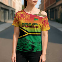 Hapi 45th Indipendens Dei Vanuatu Cross Shoulder Shirt Yumi 1980 with Vanuatuan Beach Landscape LT9 - Polynesian Pride