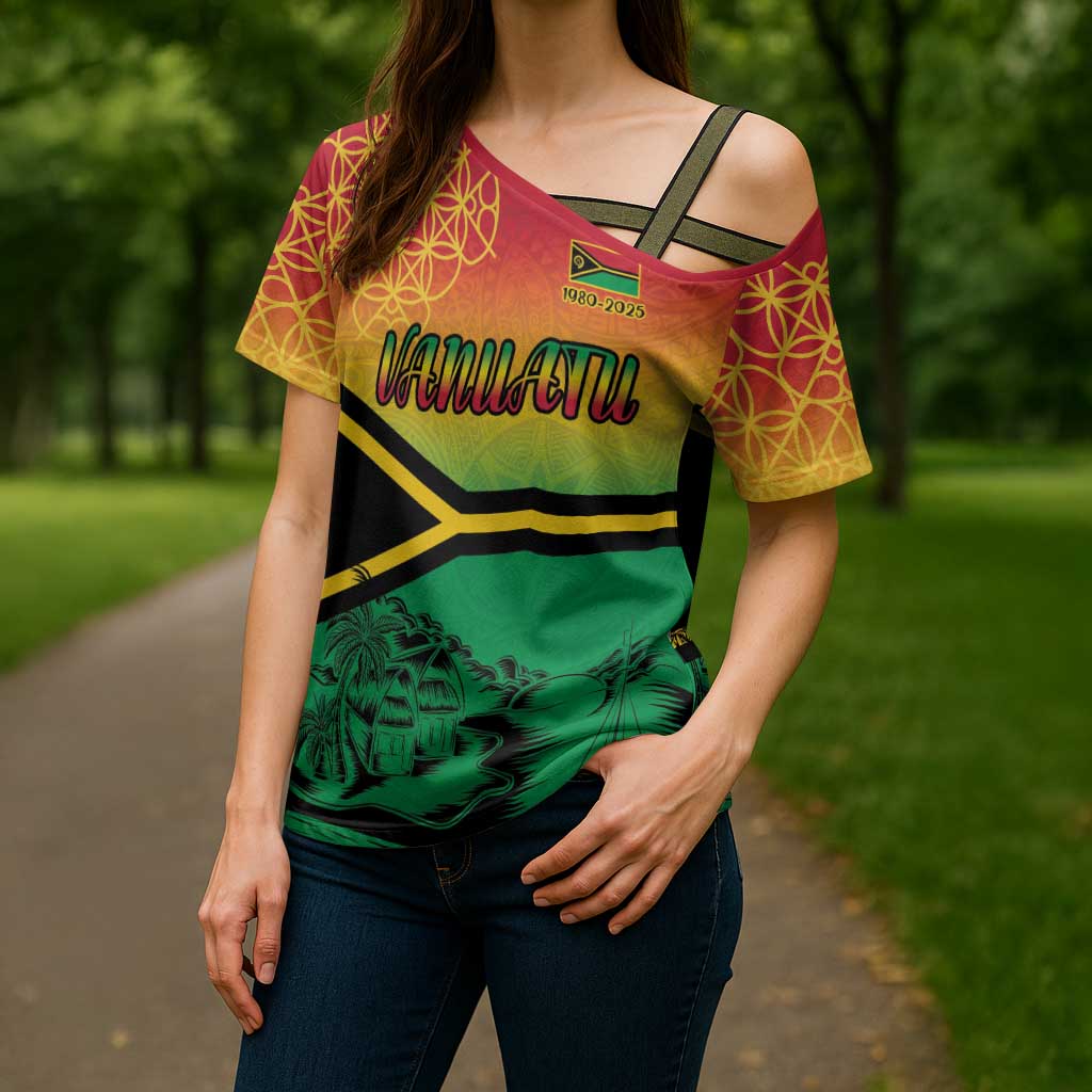 Hapi 45th Indipendens Dei Vanuatu Cross Shoulder Shirt Yumi 1980 with Vanuatuan Beach Landscape LT9 - Polynesian Pride