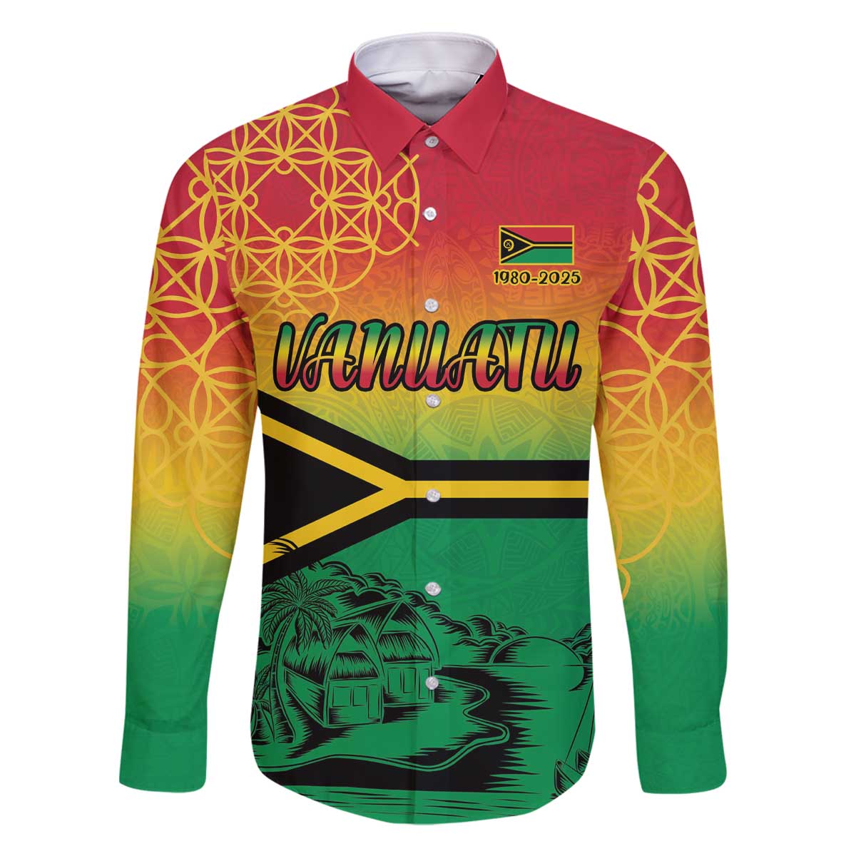 Hapi 45th Indipendens Dei Vanuatu Family Matching Off The Shoulder Long Sleeve Dress and Hawaiian Shirt Yumi 1980 with Vanuatuan Beach Landscape