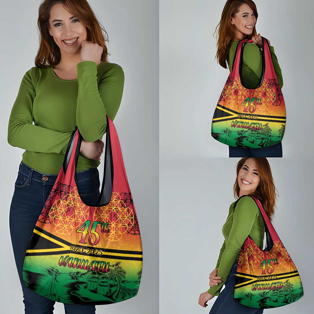 Hapi 45th Indipendens Dei Vanuatu Grocery Bag Yumi 1980 with Vanuatuan Beach Landscape