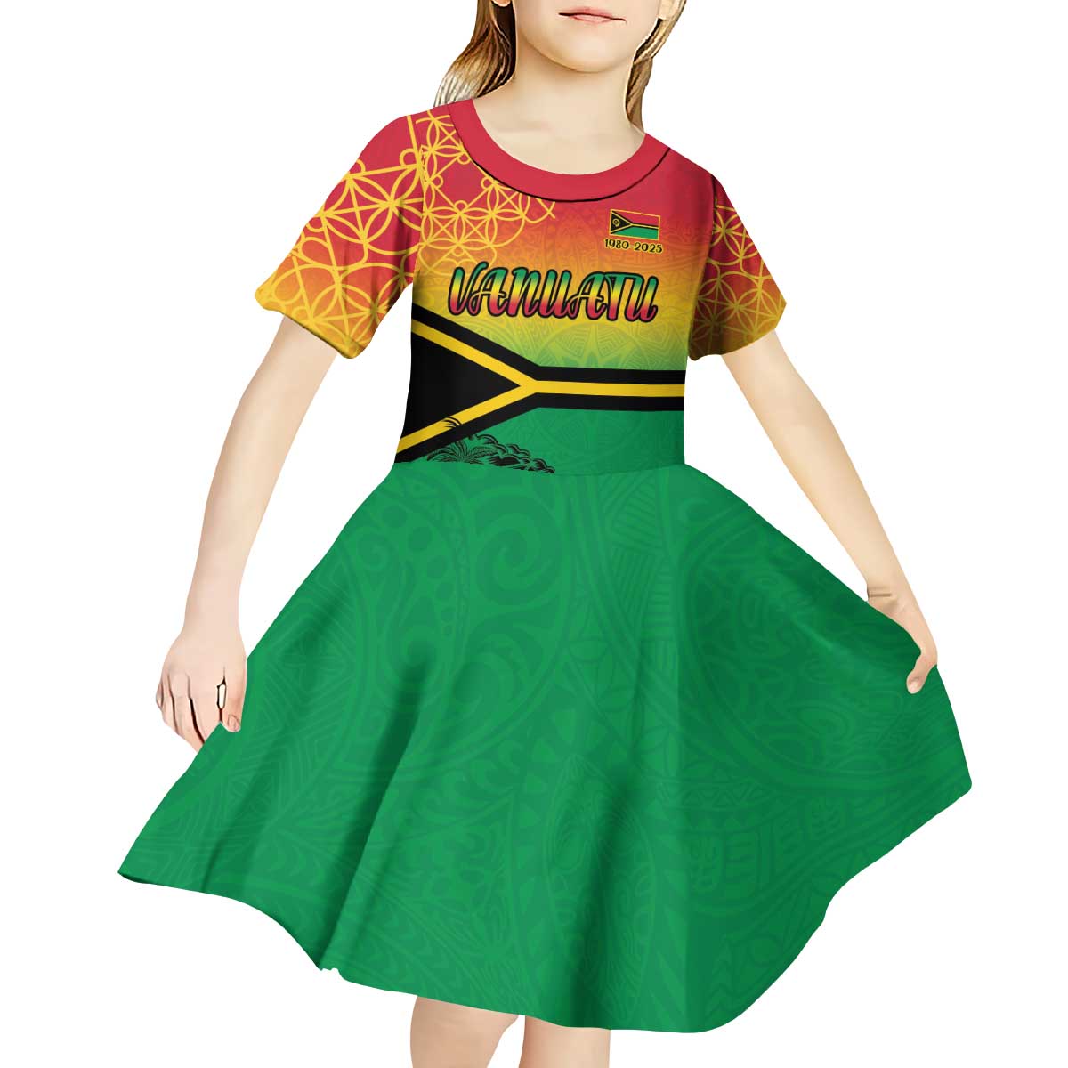 Hapi 45th Indipendens Dei Vanuatu Kid Short Sleeve Dress Yumi 1980 with Vanuatuan Beach Landscape