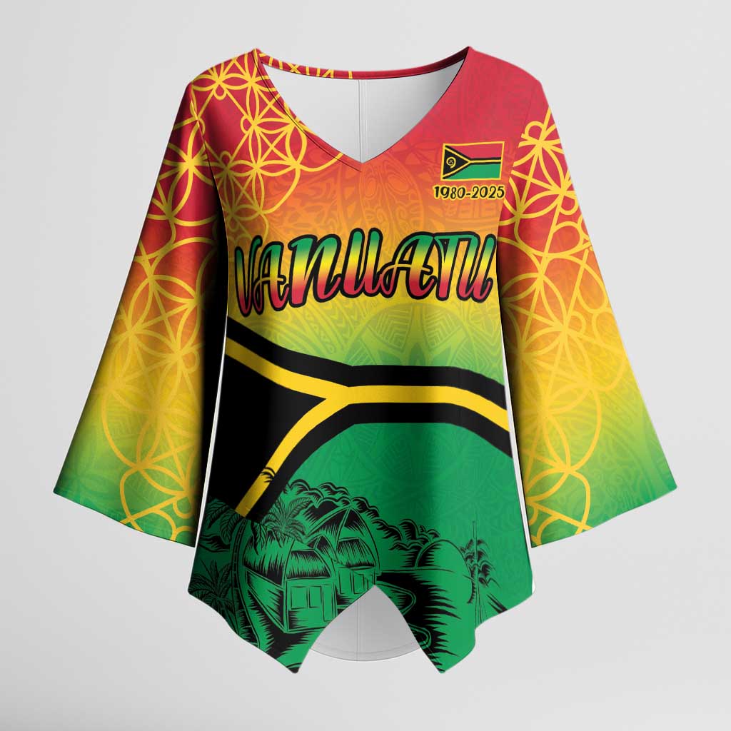 Hapi 45th Indipendens Dei Vanuatu Kimono Sleeve Blouse Yumi 1980 with Vanuatuan Beach Landscape LT9 Female Red - Polynesian Pride