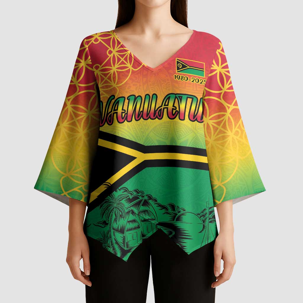 Hapi 45th Indipendens Dei Vanuatu Kimono Sleeve Blouse Yumi 1980 with Vanuatuan Beach Landscape LT9 - Polynesian Pride