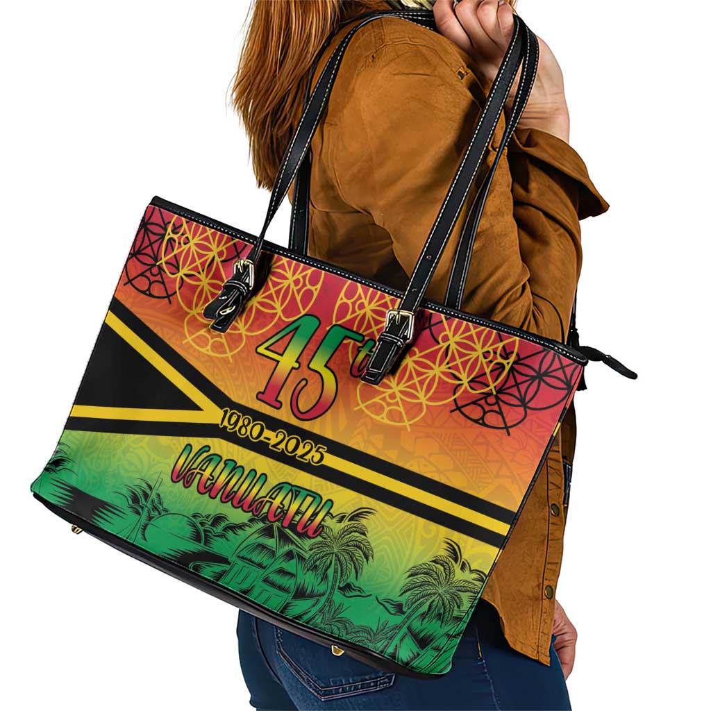 Hapi 45th Indipendens Dei Vanuatu Leather Tote Bag Yumi 1980 with Vanuatuan Beach Landscape