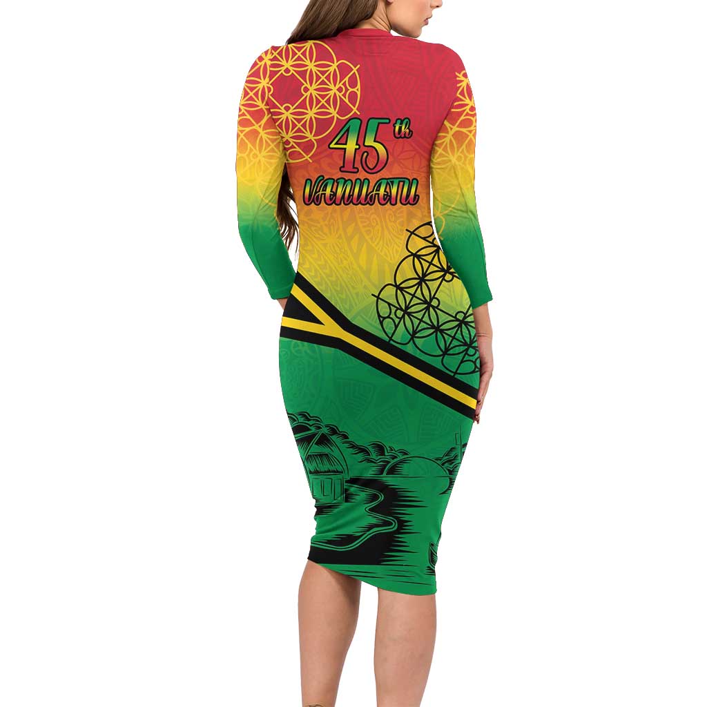 Hapi 45th Indipendens Dei Vanuatu Long Sleeve Bodycon Dress Yumi 1980 with Vanuatuan Beach Landscape
