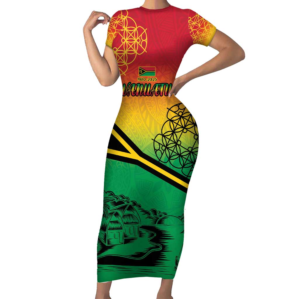 Hapi 45th Indipendens Dei Vanuatu Short Sleeve Bodycon Dress Yumi 1980 with Vanuatuan Beach Landscape