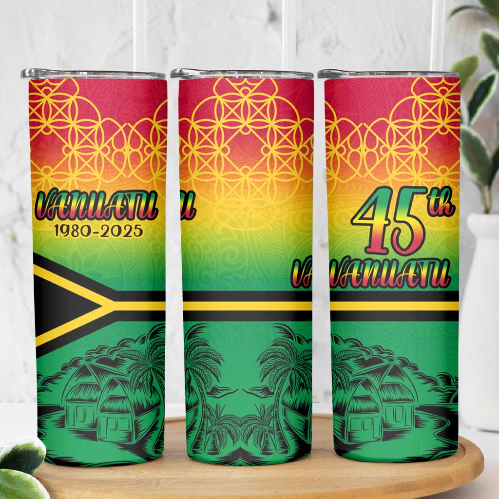 Hapi 45th Indipendens Dei Vanuatu Skinny Tumbler Yumi 1980 with Vanuatuan Beach Landscape