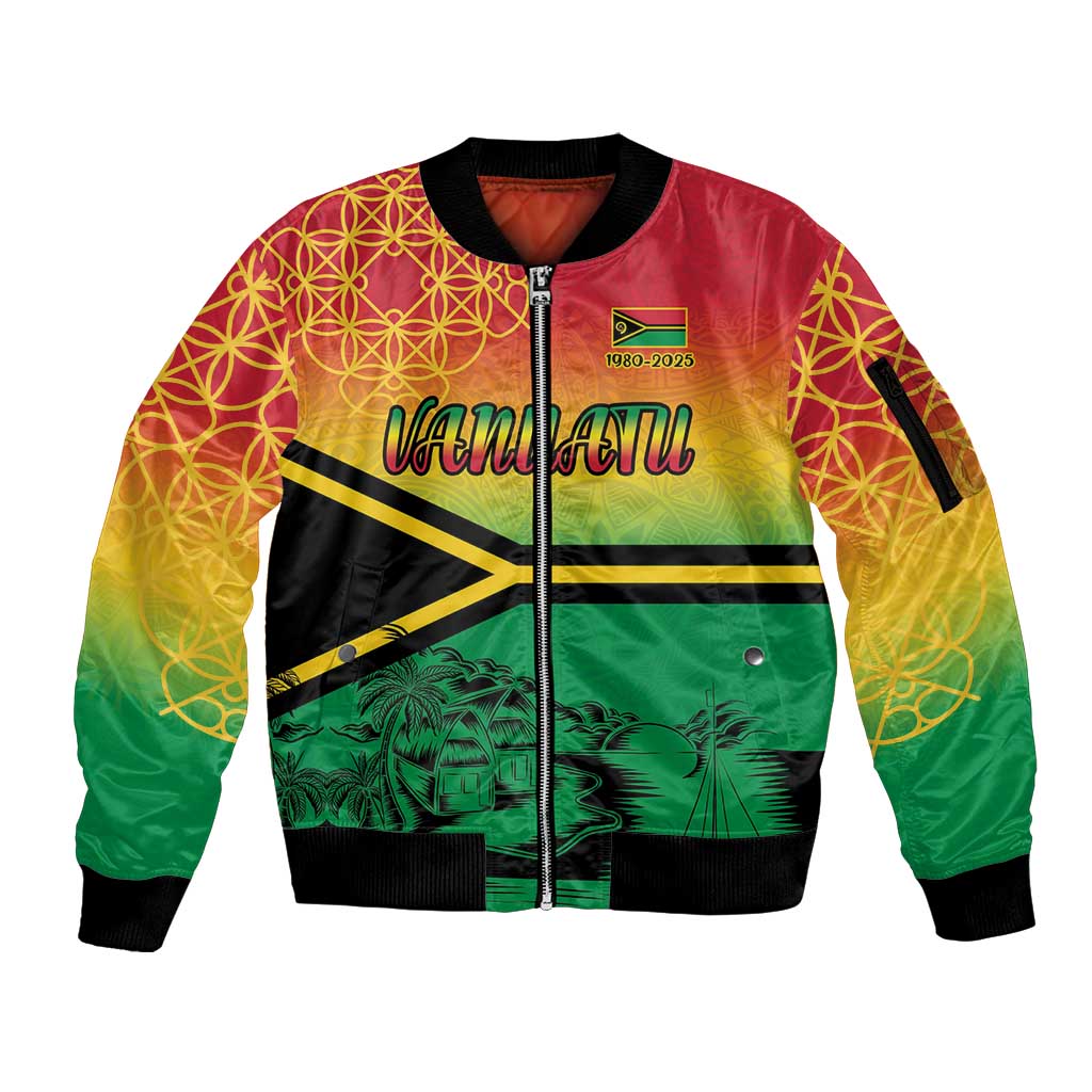Hapi 45th Indipendens Dei Vanuatu Sleeve Zip Bomber Jacket Yumi 1980 with Vanuatuan Beach Landscape