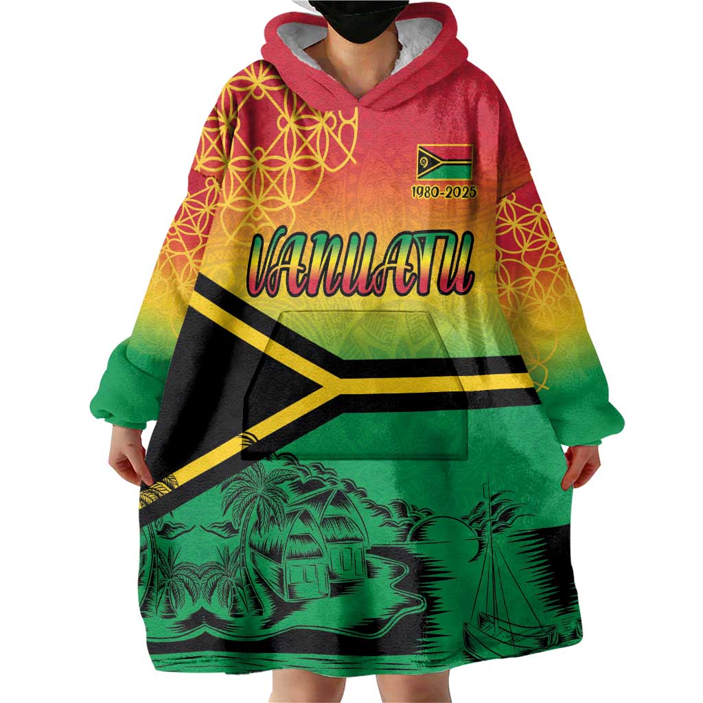 Hapi 45th Indipendens Dei Vanuatu Wearable Blanket Hoodie Yumi 1980 with Vanuatuan Beach Landscape