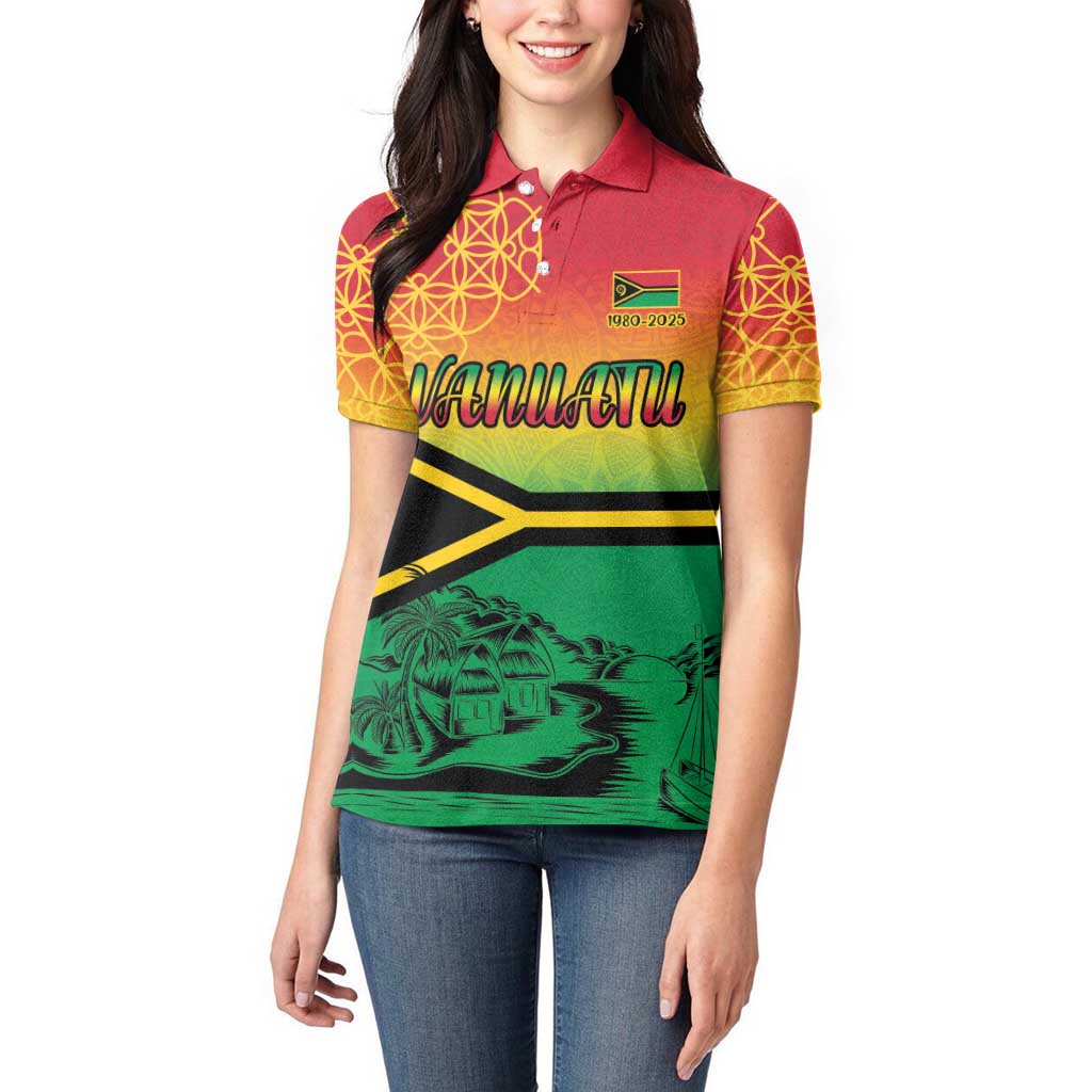 Hapi 45th Indipendens Dei Vanuatu Women Polo Shirt Yumi 1980 with Vanuatuan Beach Landscape