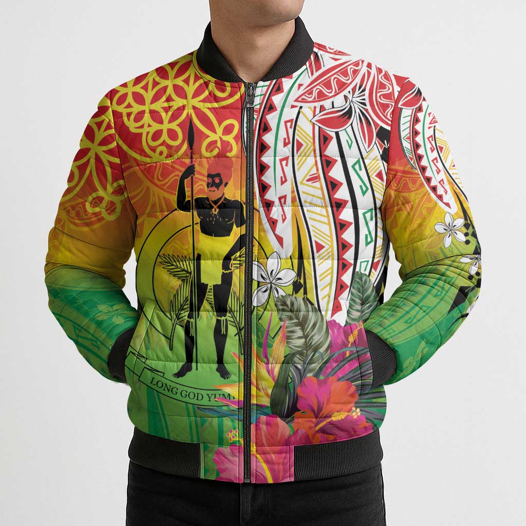 Vanuatu 45th Anniversary Bomber Puffer Jacket Polynesian with Sand Drawing Pattern LT9 - Polynesian Pride