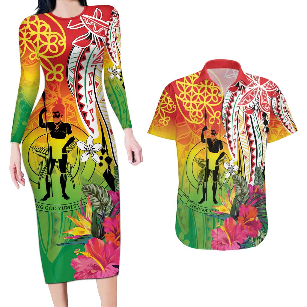 Vanuatu 45th Anniversary Couples Matching Long Sleeve Bodycon Dress and Hawaiian Shirt Polynesian with Sand Drawing Pattern LT9 Red - Polynesian Pride