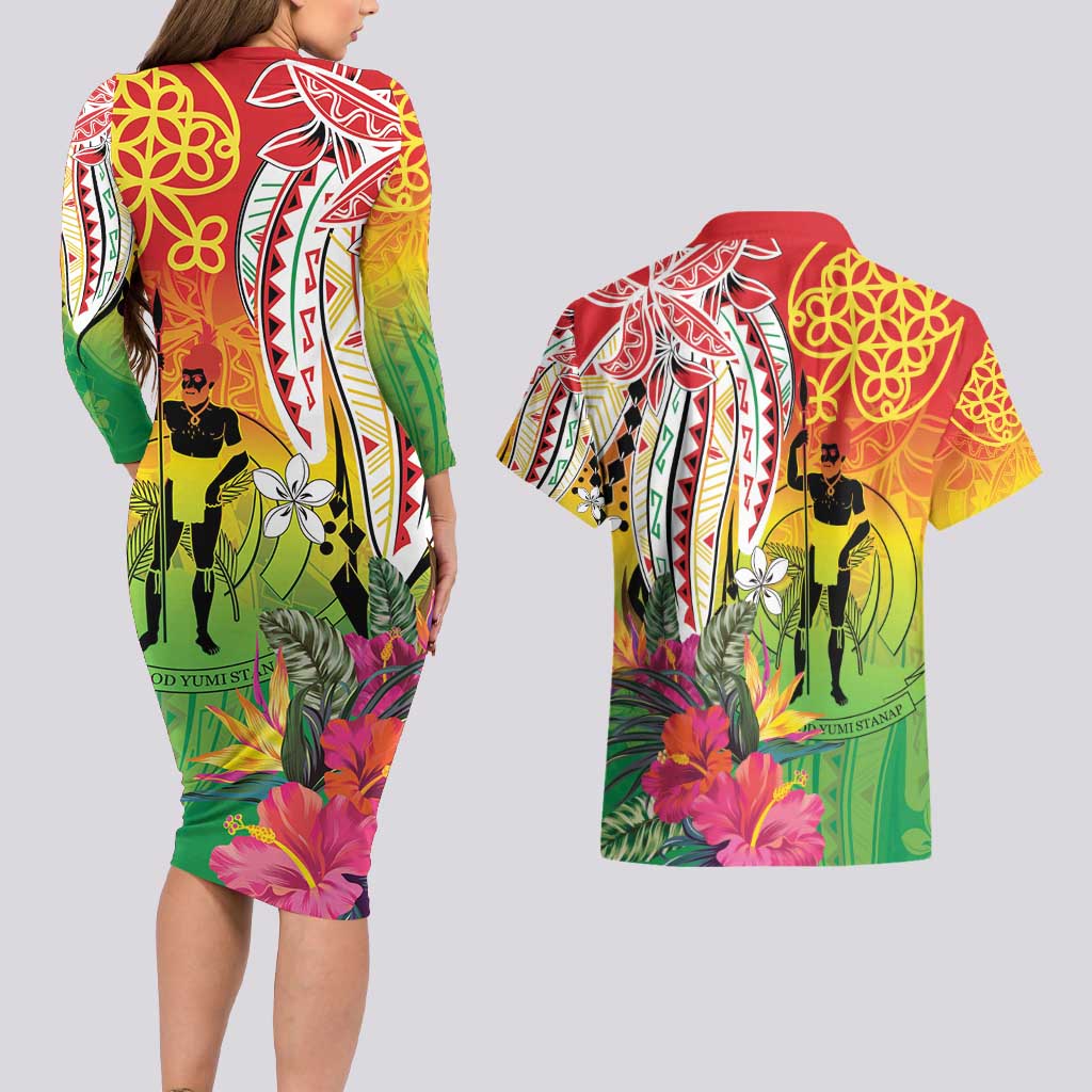 Vanuatu 45th Anniversary Couples Matching Long Sleeve Bodycon Dress and Hawaiian Shirt Polynesian with Sand Drawing Pattern LT9 - Polynesian Pride