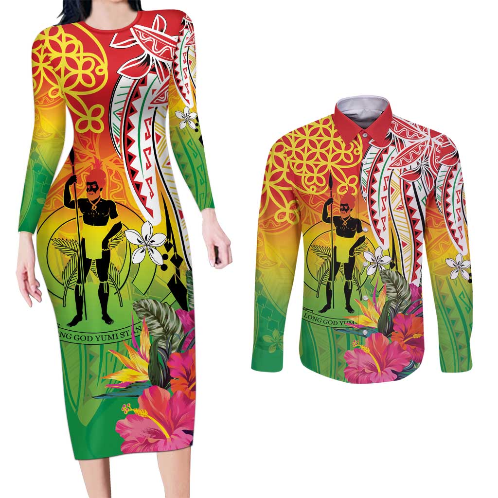 Vanuatu 45th Anniversary Couples Matching Long Sleeve Bodycon Dress and Long Sleeve Button Shirt Polynesian with Sand Drawing Pattern LT9 Red - Polynesian Pride