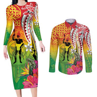 Vanuatu 45th Anniversary Couples Matching Long Sleeve Bodycon Dress and Long Sleeve Button Shirt Polynesian with Sand Drawing Pattern LT9 Red - Polynesian Pride