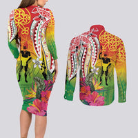 Vanuatu 45th Anniversary Couples Matching Long Sleeve Bodycon Dress and Long Sleeve Button Shirt Polynesian with Sand Drawing Pattern LT9 - Polynesian Pride