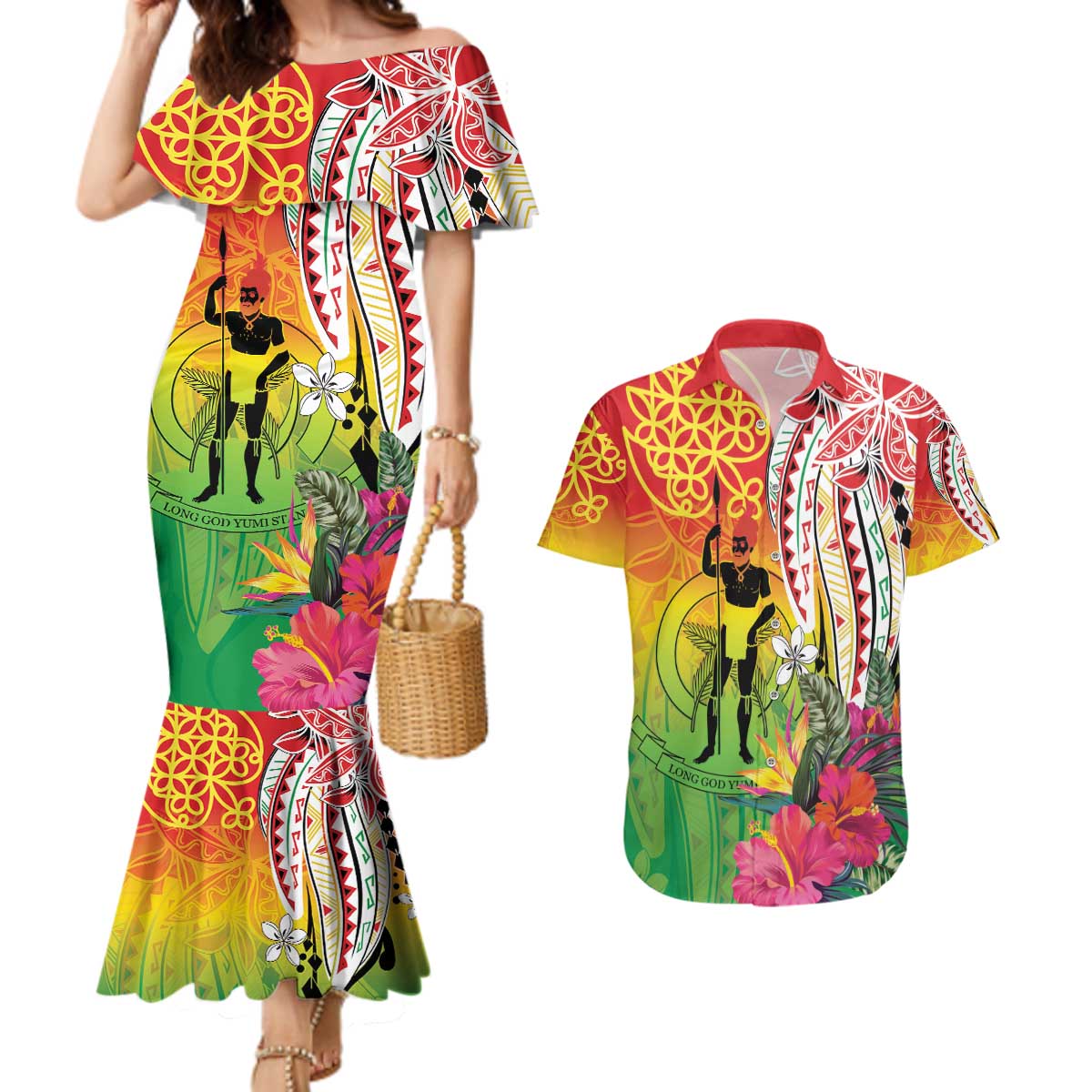 Vanuatu 45th Anniversary Couples Matching Mermaid Dress and Hawaiian Shirt Polynesian with Sand Drawing Pattern LT9 Red - Polynesian Pride