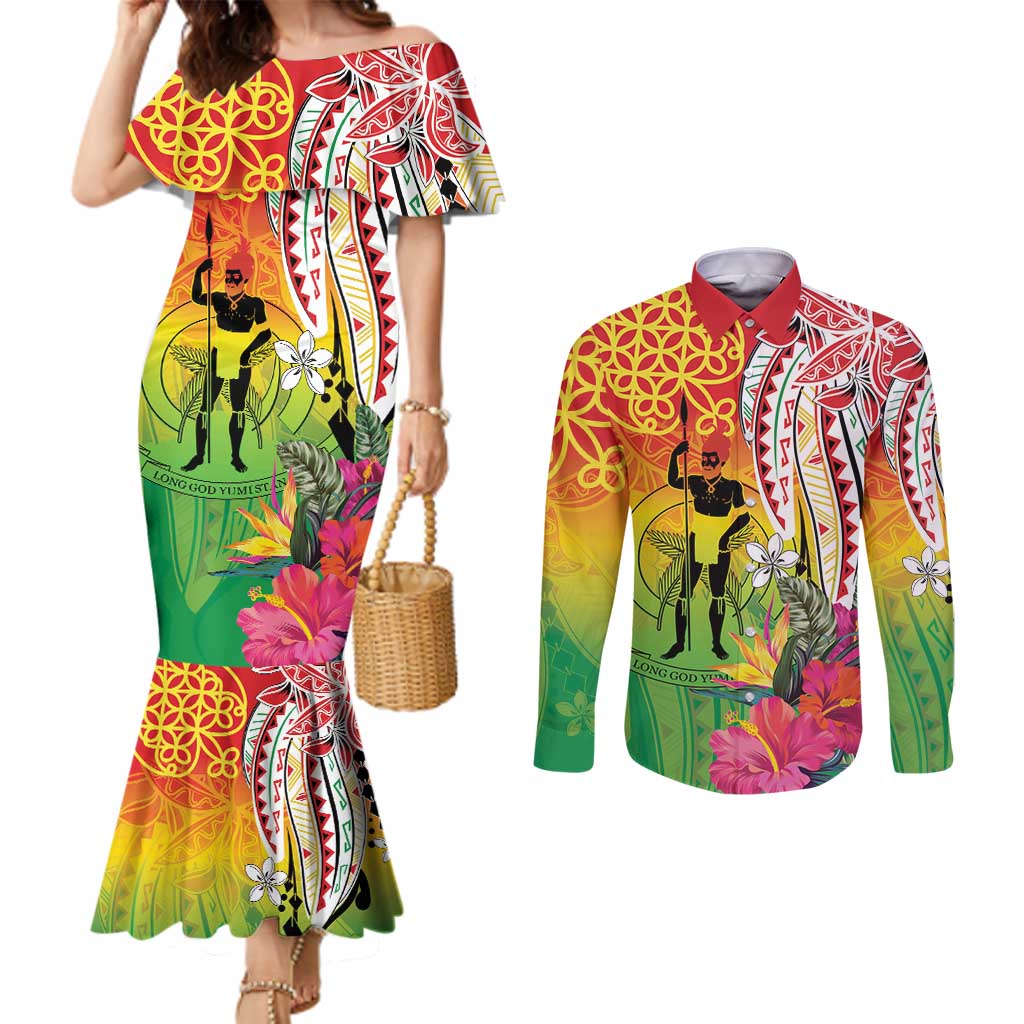 Vanuatu 45th Anniversary Couples Matching Mermaid Dress and Long Sleeve Button Shirt Polynesian with Sand Drawing Pattern LT9 Red - Polynesian Pride