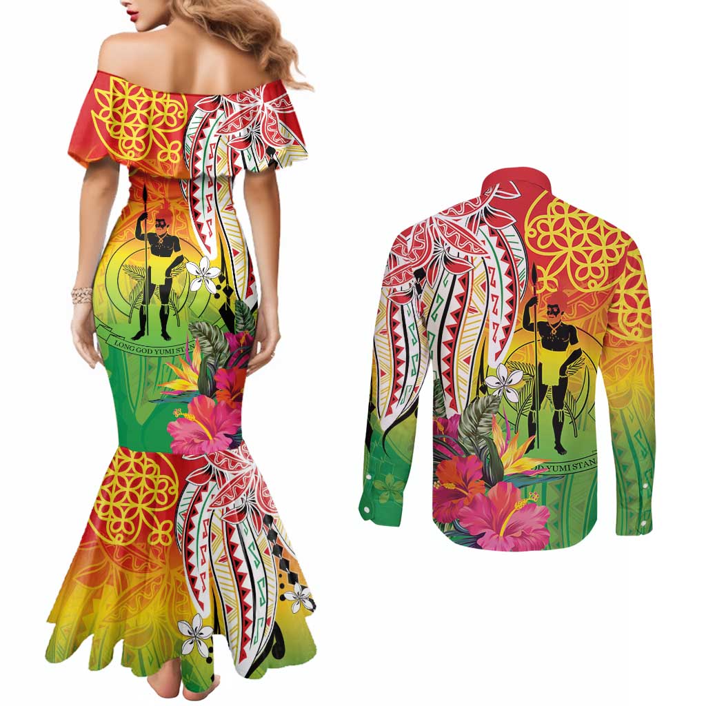 Vanuatu 45th Anniversary Couples Matching Mermaid Dress and Long Sleeve Button Shirt Polynesian with Sand Drawing Pattern LT9 - Polynesian Pride