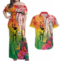 Vanuatu 45th Anniversary Couples Matching Off Shoulder Maxi Dress and Hawaiian Shirt Polynesian with Sand Drawing Pattern LT9 Red - Polynesian Pride